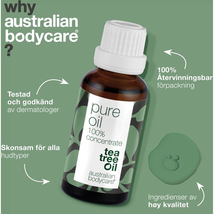 Australian Bodycare Pure Oil 30 ml hudolje i brun glassflaske med hvit kork og en dråpe olje ved siden av