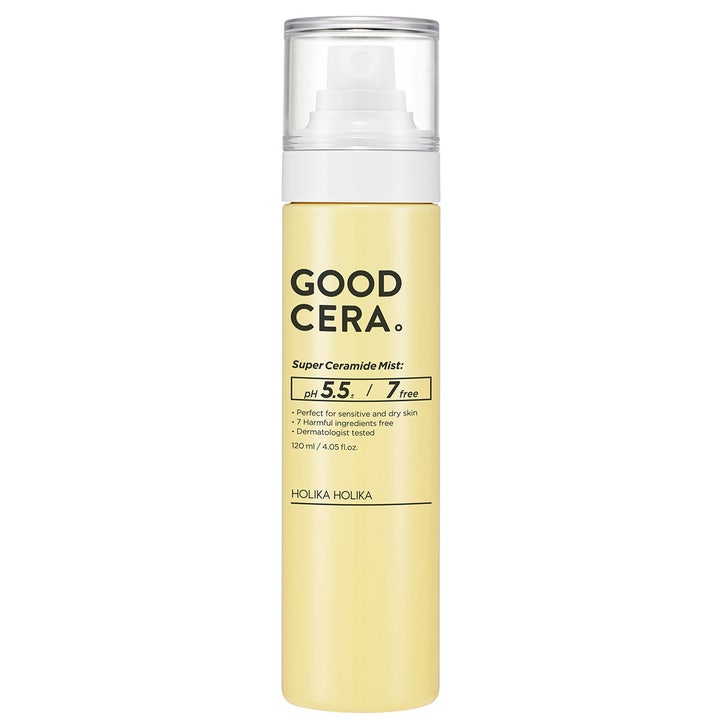 Holika Holika Good Cera Super Ceramide Mist 120 ml fuktighetsspray i en lys gul flaske med spraykork