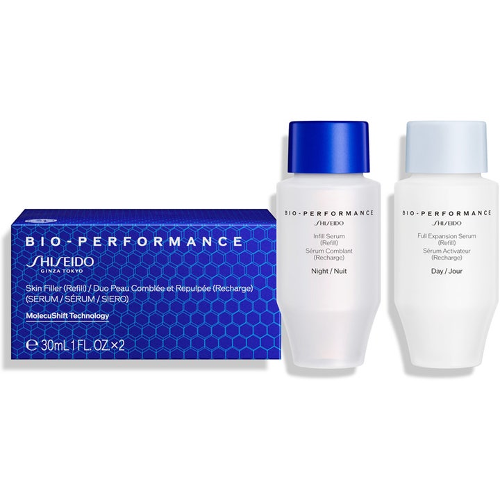 Shiseido Bio-Performance Skin Filler Duo Serum Refill 2x30 ml ansiktspleie i hvite flasker med blå og lyseblå korker