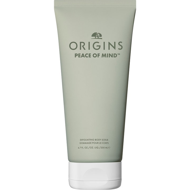 Origins Peace of Mind 200 ml eksfolierende kroppsskrubb i salviegrønn tube som gir en glatt og fornyet hud