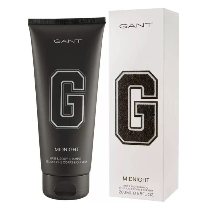 GANT Midnight Hair & Body Shower Gel 200 ml rengjørende dusjsåpe i matt svart tube og hvit eske med stor G-logo