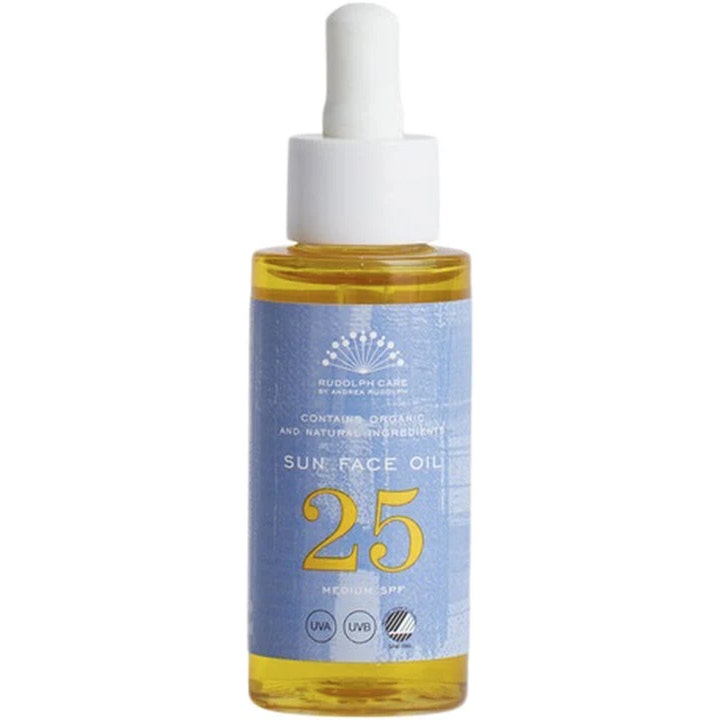Rudolph Care Sun Face Oil SPF 25 beskyttende ansiktsolje i glassflaske med blå etikett og hvit pipette.