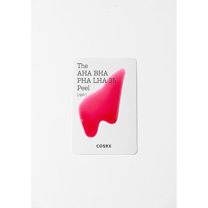 COSRX The AHA BHA PHA LHA 35 Peel 30 ml ansiktsskrubb med rosa gelkonsistens på hvit bakgrunn