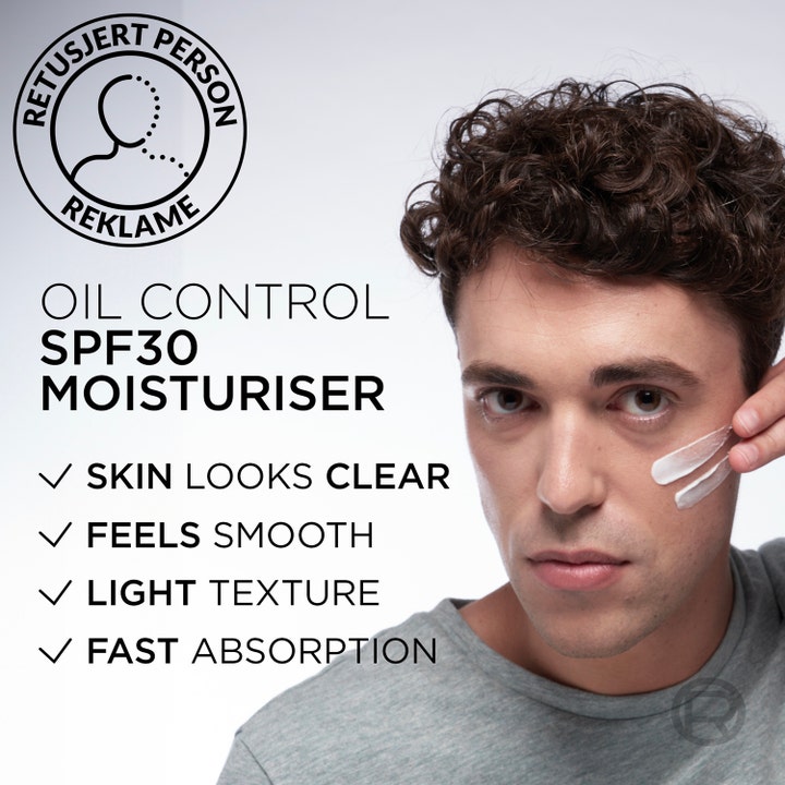 L'Oréal Paris Men Expert Derma Control 40 ml ansiktskrem med SPF30 og oljekontroll vist på en manns kinn.