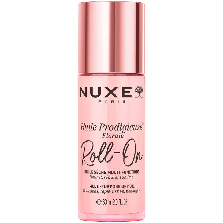 Nuxe Huile Prodigieuse Florale Roll-On 60 ml pleiende tørrolje som gir glød i rosa glassflaske med rosegull kork