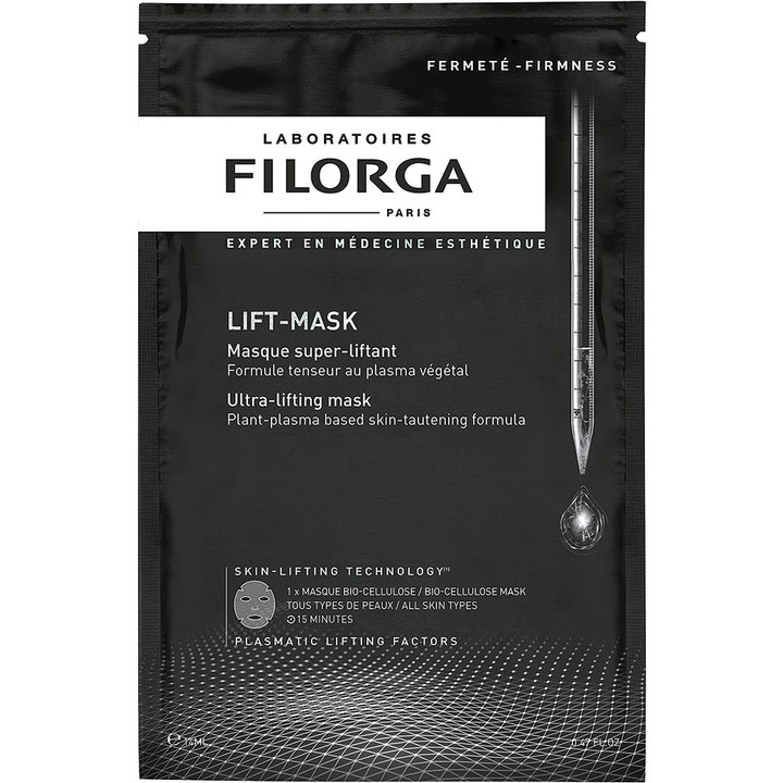 Filorga Lift-Mask 14 ml oppstrammende ansiktsmaske som gir løft i sort pose med hvit tekst og pipette.