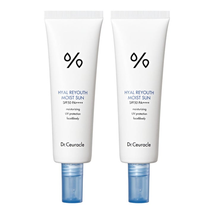 Dr. Ceuracle Hyal Reyouth Moist Sun 2x50ml fuktighetsgivende solkrem i to hvite tuber med blå gjennomsiktige korker