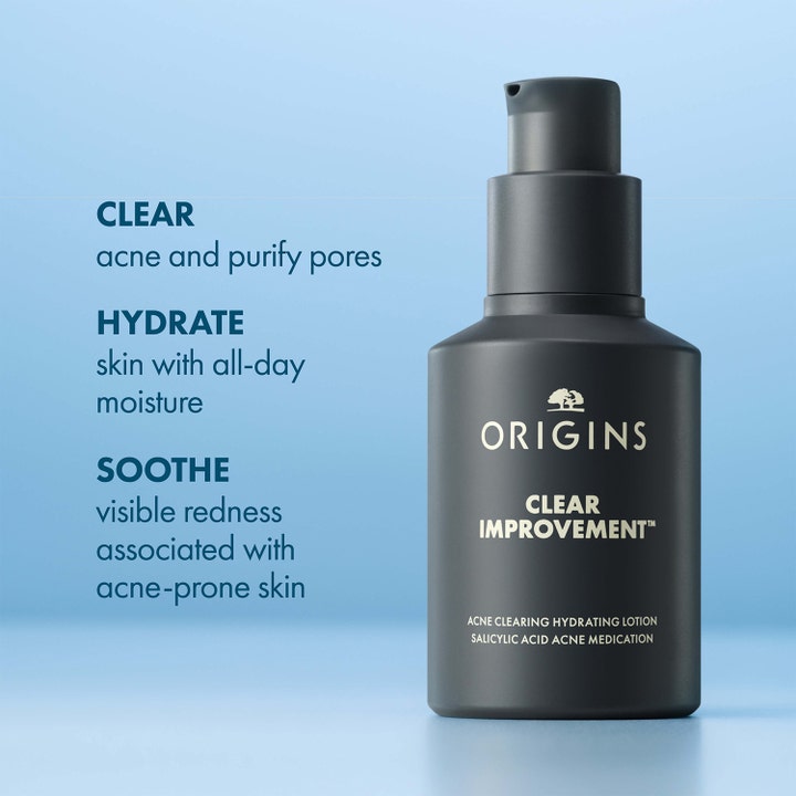 Origins Clear Improvement Blemish Clearing Hydrating Lotion 50 ml i grå pumpeflaske med salisylsyre mot kviser.