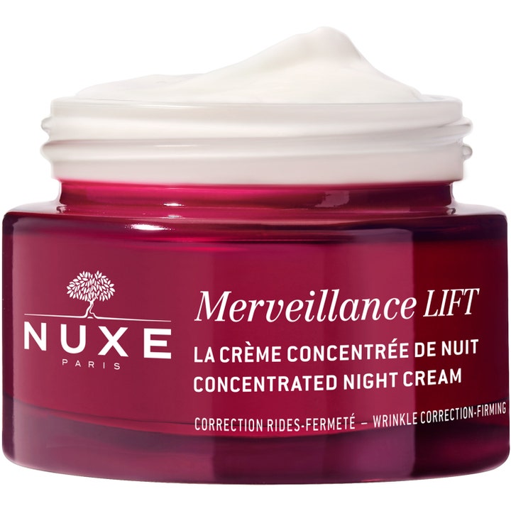 Nuxe Merveillance LIFT 50 ml oppstrammende nattkrem i rød glasskrukke som viser en fyldig hvit tekstur