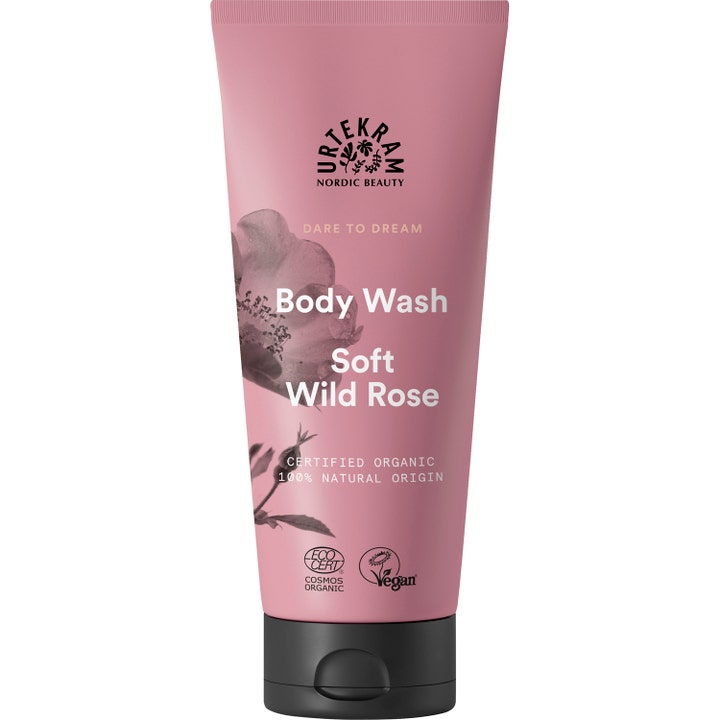 Urtekram Soft Wild Rose Body Wash 200ml økologisk dusjsåpe i rosa tube med blomsterillustrasjon og sort kork