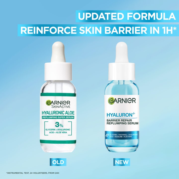 Garnier Hyaluron+ Barrier Repair Serum 30 ml gjenoppbygger hudbarrieren og viser ny vs gammel glassflaske med pipette.