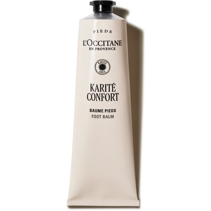L'Occitane Shea Butter Foot Balm 150 ml pleiende fotkrem i beige tube med sort lokk som gir myke føtter