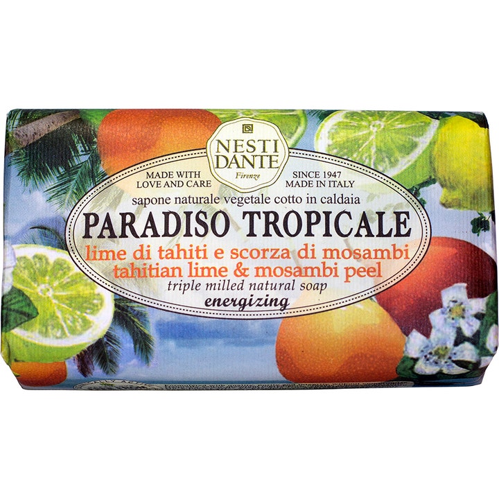 Nesti Dante Paradiso Tropicale energigivende fast såpe i papir med fargerikt motiv av lime og sitrusfrukter