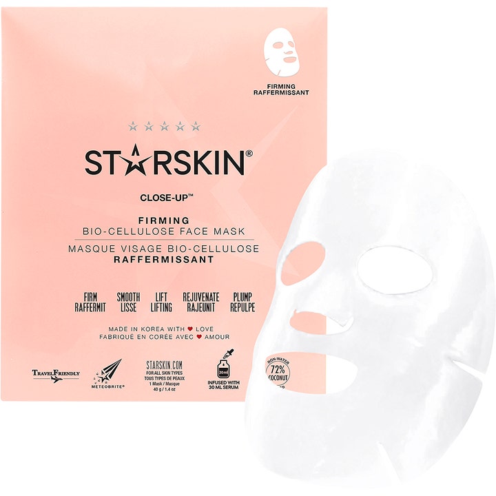 STARSKIN Close-Up Firming Bio-Cellulose Face Mask 1 stk oppstrammende ansiktsmaske med hvit maske ved rosa pakke.