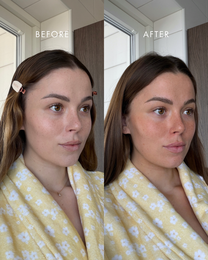 Før og etter resultat av Hickap Sundazed Self Tanning Mist 100 ml som gir ansiktet en solkysset glød.