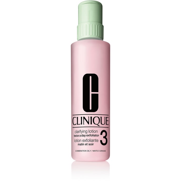 Clinique Clarifying Lotion 3 eksfolierende ansiktsvann som renser fet hud i rosa flaske med lysegrønn kork