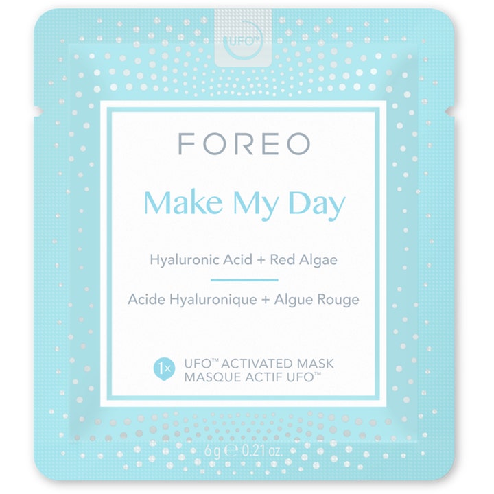 FOREO UFO Mask Make My Day 42 g fuktighetsgivende ansiktsmaske i lyseblå forpakning med hyaluronsyre og rødalger