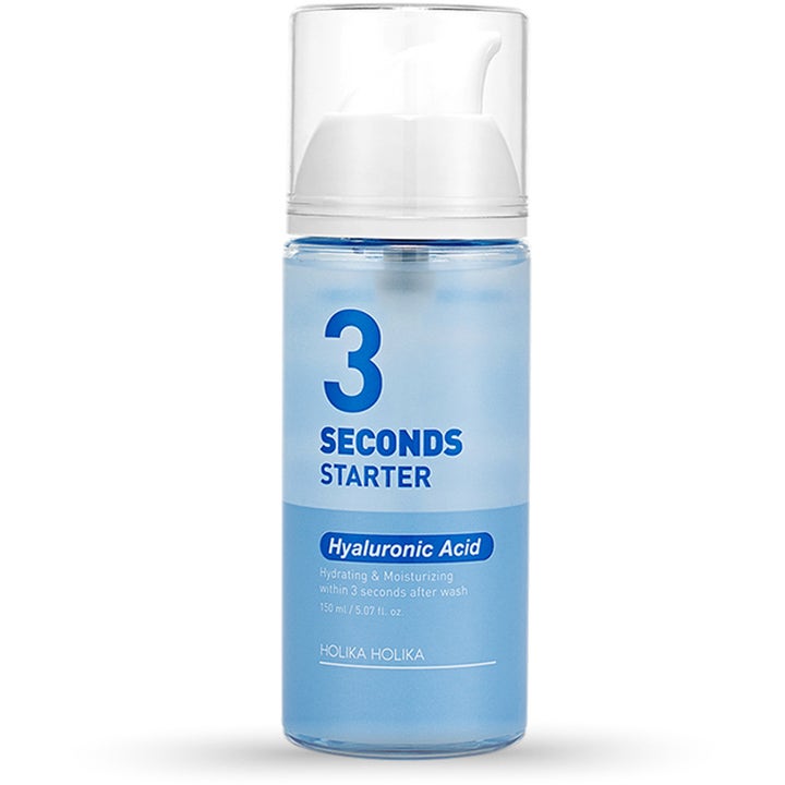 Holika Holika 3 Seconds Starter 150 ml fuktgivende serum med hyaluronsyre i en lyseblå flaske med hvit pumpe