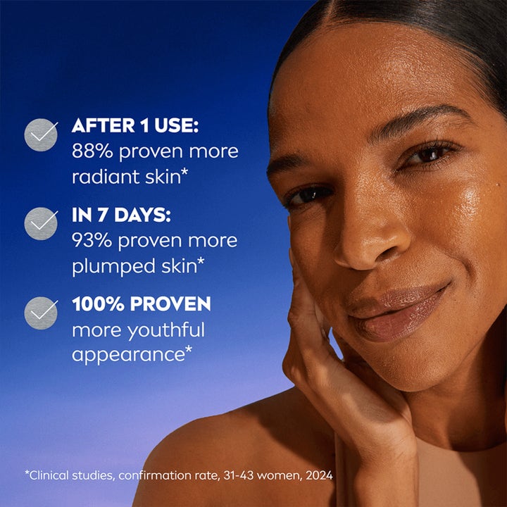 NIVEA Serum Cellular Epigenetics 30 ml ansiktsserum viser kvinne med glød og tekst om dokumentert effekt etter bruk