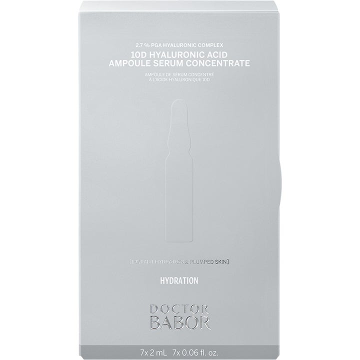 Doctor Babor 10D Hyaluronic Acid Ampoule Serum 14 ml fuktighetsserum i grå eske med sølvtekst og ampullefigur.