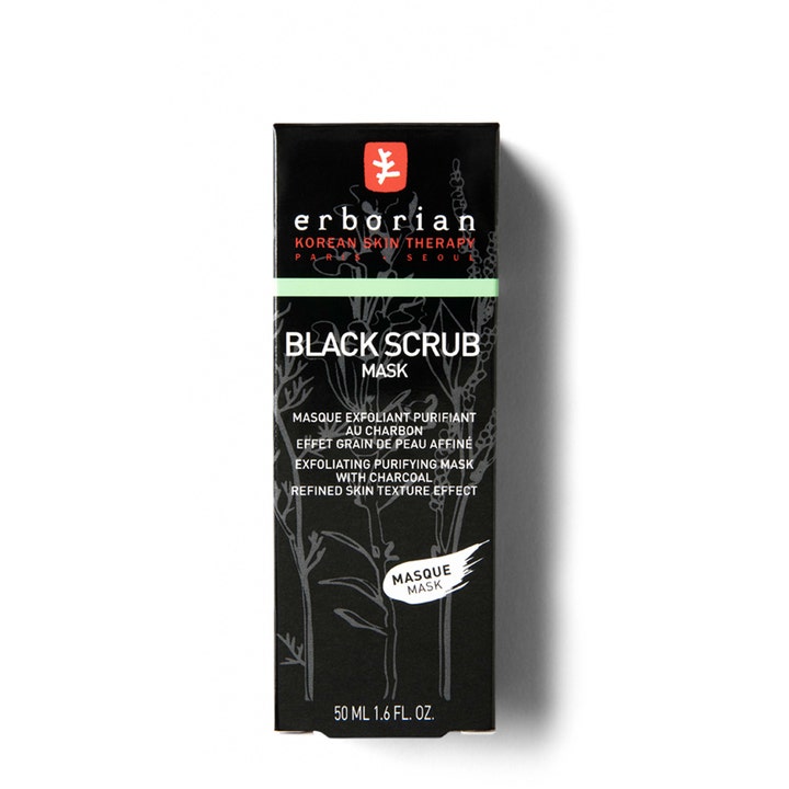 Erborian Black Scrub 50 ml rensende ansiktsskrubb i sort eske med kull og botanisk mønster