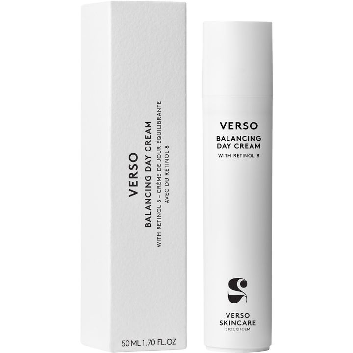 Verso Balancing Day Cream 50 ml balanserende dagkrem med retinol 8 vist i hvit pumpeflaske og ytteremballasje