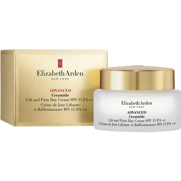 Elizabeth Arden Ceramide Lift & Firm 50 ml oppstrammende dagkrem SPF 15 i frostet glasskrukke med gullfarget lokk.