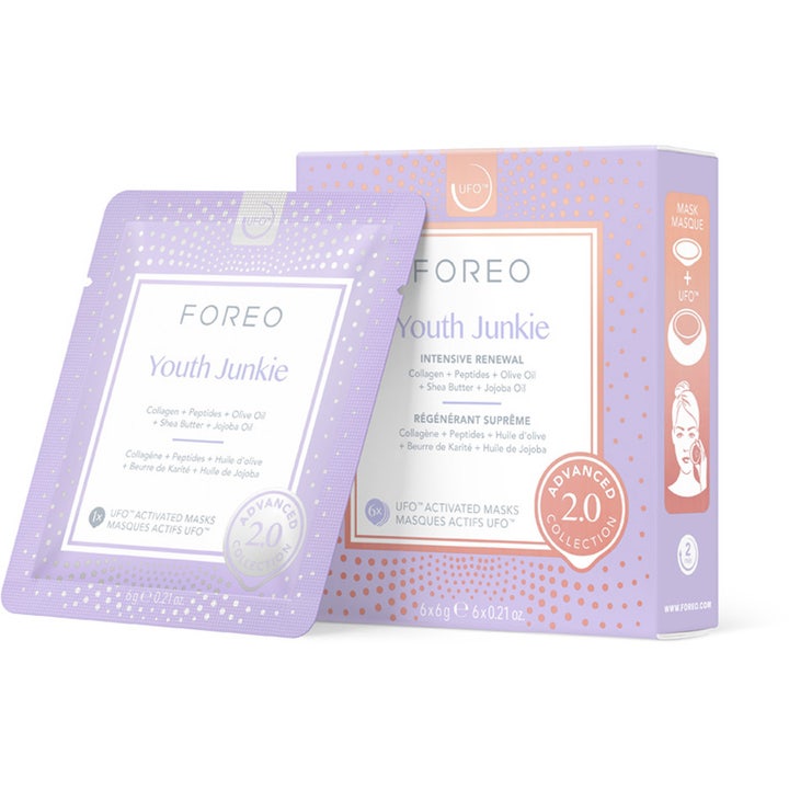 Foreo Youth Junkie 6x6g fornyende ansiktsmaske med kollagen i lilla eske og matchende pose