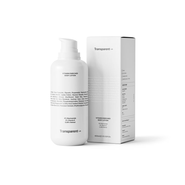 Transparent Lab Vitamin Enriched Body Lotion 400 ml med niacinamid og retinal i hvit pumpeflaske og eske.