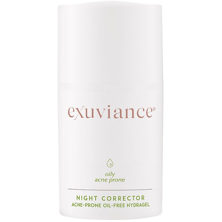 Exuviance Night Corrector 50 ml oljefri nattgelé for akneutsatt hud i hvit sylinderformet pumpeflaske
