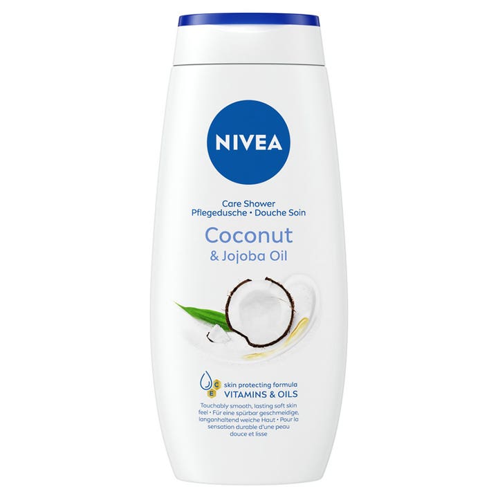 Nivea Care Shower Coconut & Jojoba Oil dusjsåpe som gir myk hud i hvit plastflaske med blått lokk og kokosnøttmotiv