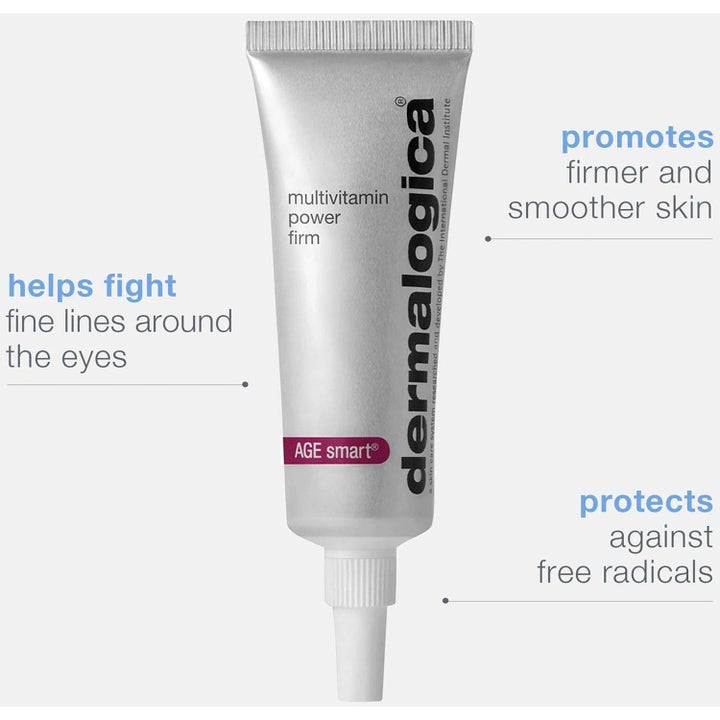 Dermalogica MultiVitamin Power Firm 15 ml øyekrem i sølvtube som motvirker fine linjer og gir fastere hud.