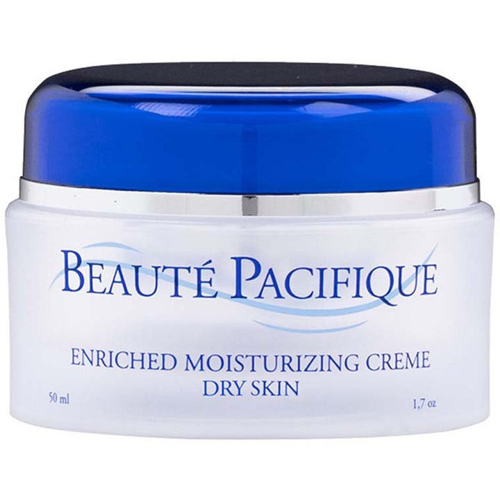 Beauté Pacifique Enriched Moisturizing Creme 50 ml pleiende fuktighetskrem i hvit krukke med blått lokk.