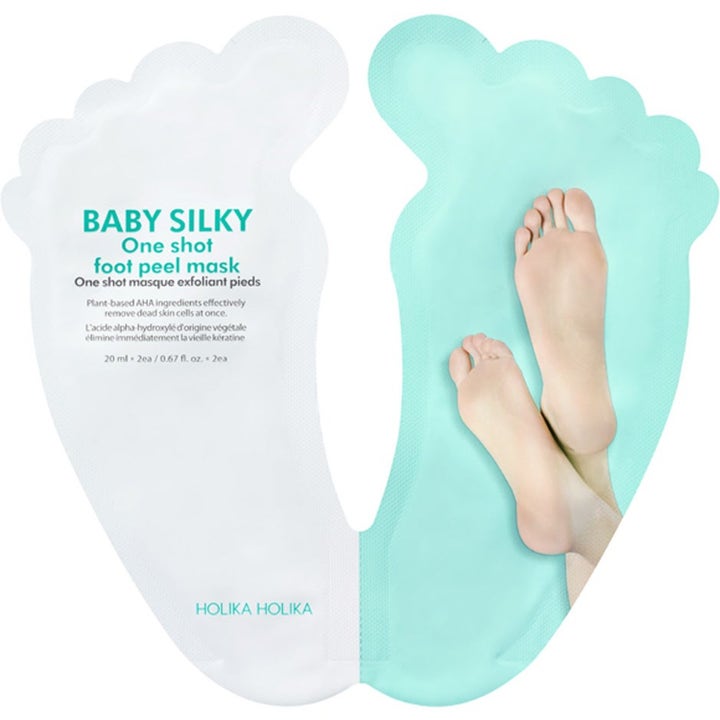 Holika Holika Intensive Treatment For Dry Feet 20 ml eksfolierende fotmaske i hvit og mintgrønn fotformet pose.