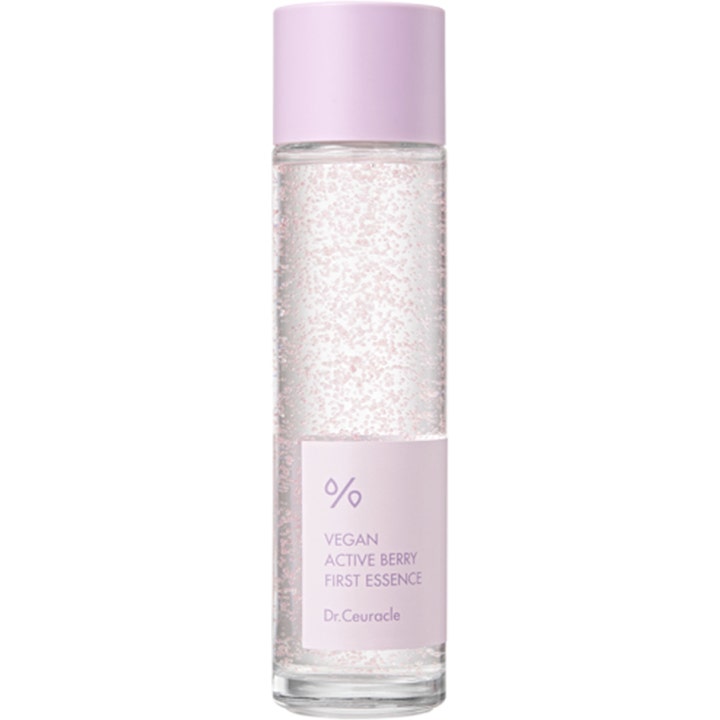 Dr.Ceuracle Vegan Active Berry First Essence 150 ml toner i glassflaske med lyserøde bærdråper.