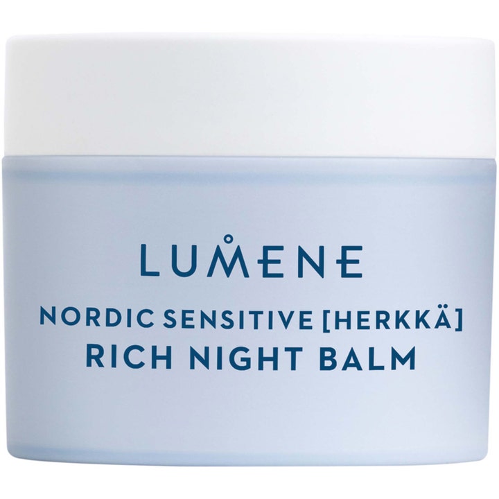 Lumene Nordic Sensitive Rich Night Balm 50ml beroligende nattkrem i en lyseblå frostet krukke med hvitt lokk