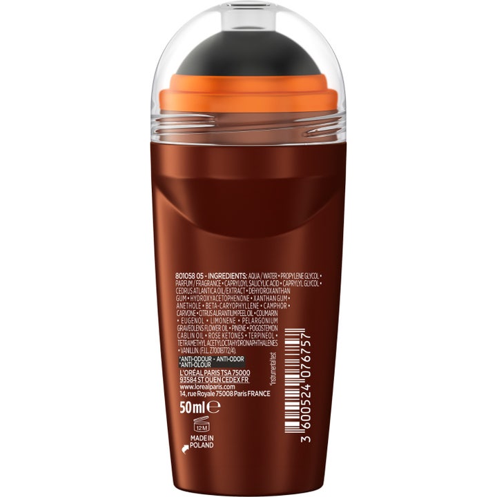 L'Oréal Paris Barber Club 50 ml roll-on herredeodorant på baksiden med ingrediensliste og strekkode.