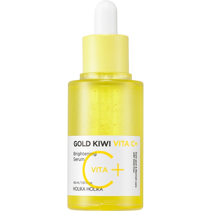 Holika Holika Gold Kiwi Vita C+ Brightening Serum 45 ml glødgivende serum i gul glassflaske med hvit etikett og pipette
