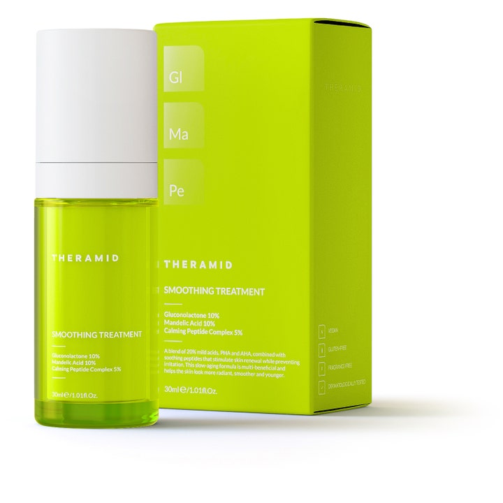Niche Beauty Lab Theramid Smoothing Treatment 30 ml serum med mandelsyre i limegrønn glassflaske og eske
