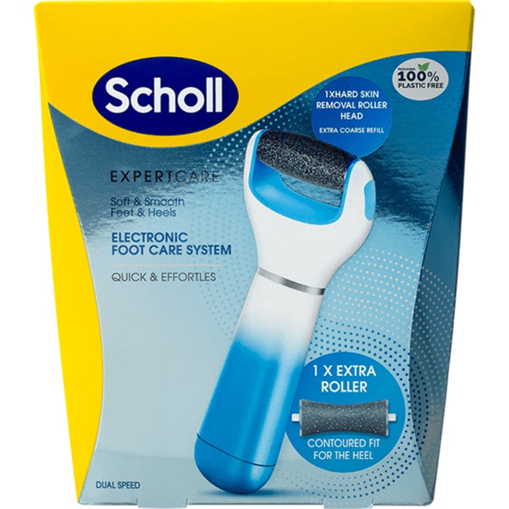 Scholl ExpertCare Electronic Foot Care System 1 stk fjerner hard hud med en blå og hvit elektronisk fotfil i eske.