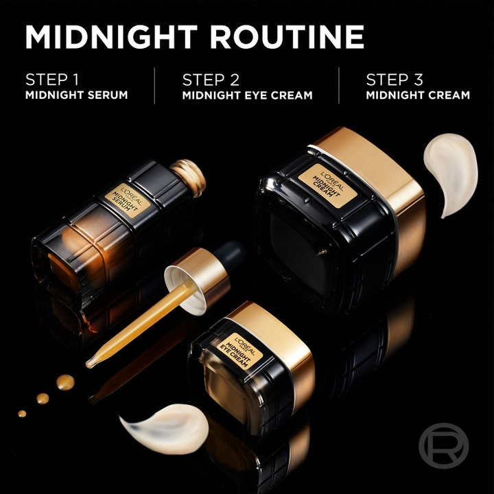 L'Oréal Paris Age Perfect Midnight Eye Cream 15 ml øyekrem i glasskrukke som del av en hudpleierutine.