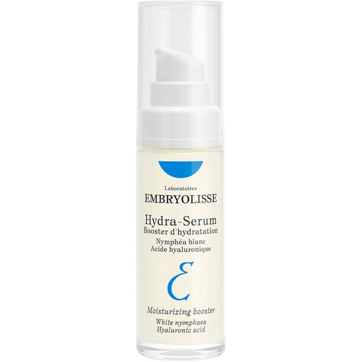 Embryolisse Hydra-Serum fuktighetsgivende booster med hyaluronsyre i hvit pumpeflaske med blå logo og klart lokk