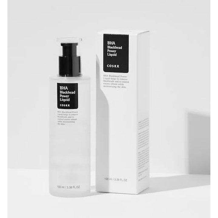 COSRX BHA Blackhead Power Liquid 100 ml eksfolierende toner mot hudormer i frostet pumpeflaske med hvit eske
