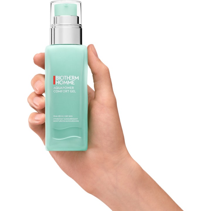 Biotherm Homme Aquapower Comfort 75 ml fuktighetsgivende ansiktskrem med blå bobler og tekst om Life Plankton