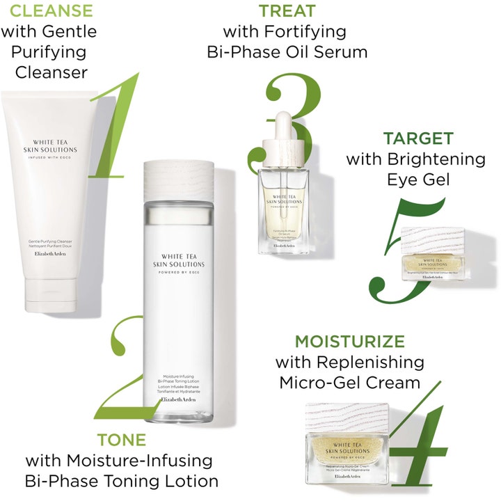 Elizabeth Arden White Tea Skin Solutions 200 ml ansiktsvann i en oversikt over en femtrinns hudpleierutine