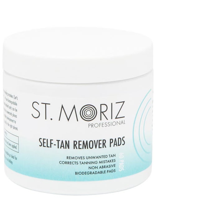 St. Moriz Professional Self-Tan Remover Pads 60 stk korrigerer selvbruning i en hvit plastkrukke med blå detaljer.