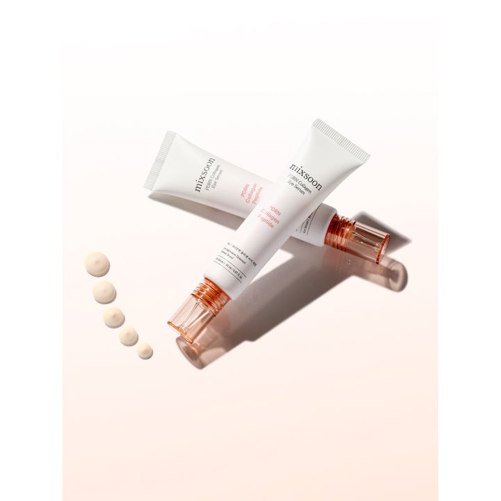 Mixsoon PDRN Collagen Eye Serum 20 ml oppstrammende øyekrem i hvite tuber med rosegull korker og kremet tekstur