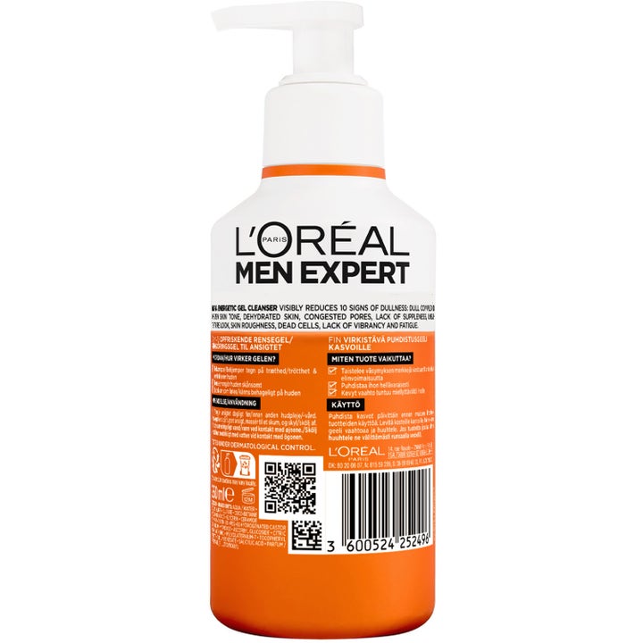 L'Oréal Paris Men Expert Hydra Energetic Vitamin C Cleanser 260 ml ansiktsrens på hvit pumpeflaske med oransje detaljer.