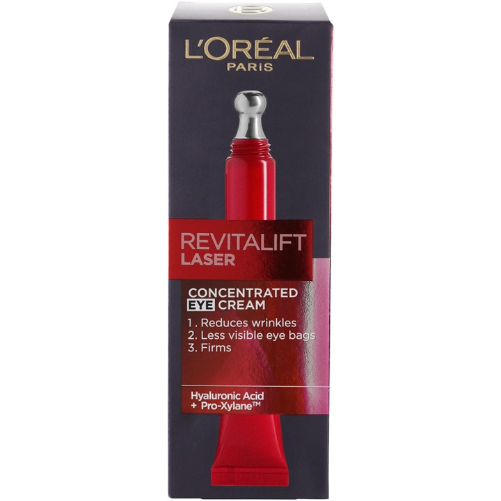 L'Oréal Paris Revitalift Laser 15 ml øyekrem mot rynker i mørkegrå eske med rød tube og metallapplikator