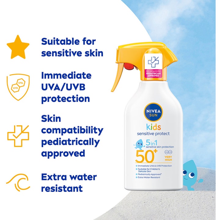 Nivea Kids Sensitive Protect SPF50+ 270 ml solkrem barn gir solbeskyttelse i hvit sprayflaske med gult sprayhode